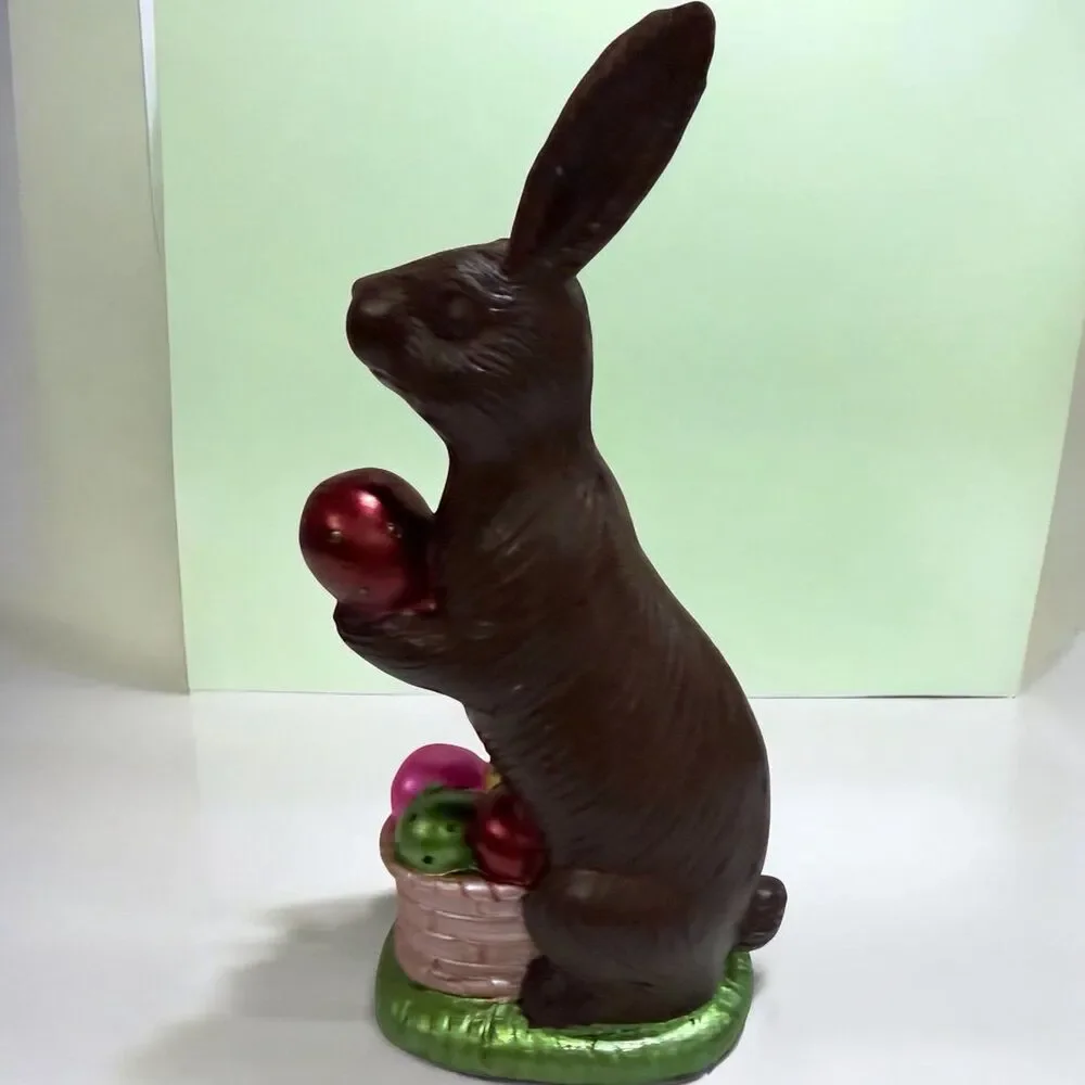 Set of 2 Easter Bunny Figurines Holding Colorful Eggs Spring Decor Rabbit Statue
